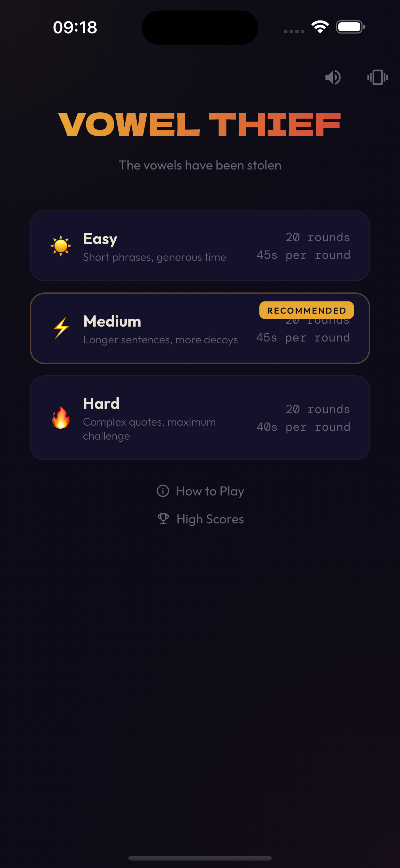 Vowel Thief gameplay — easy level