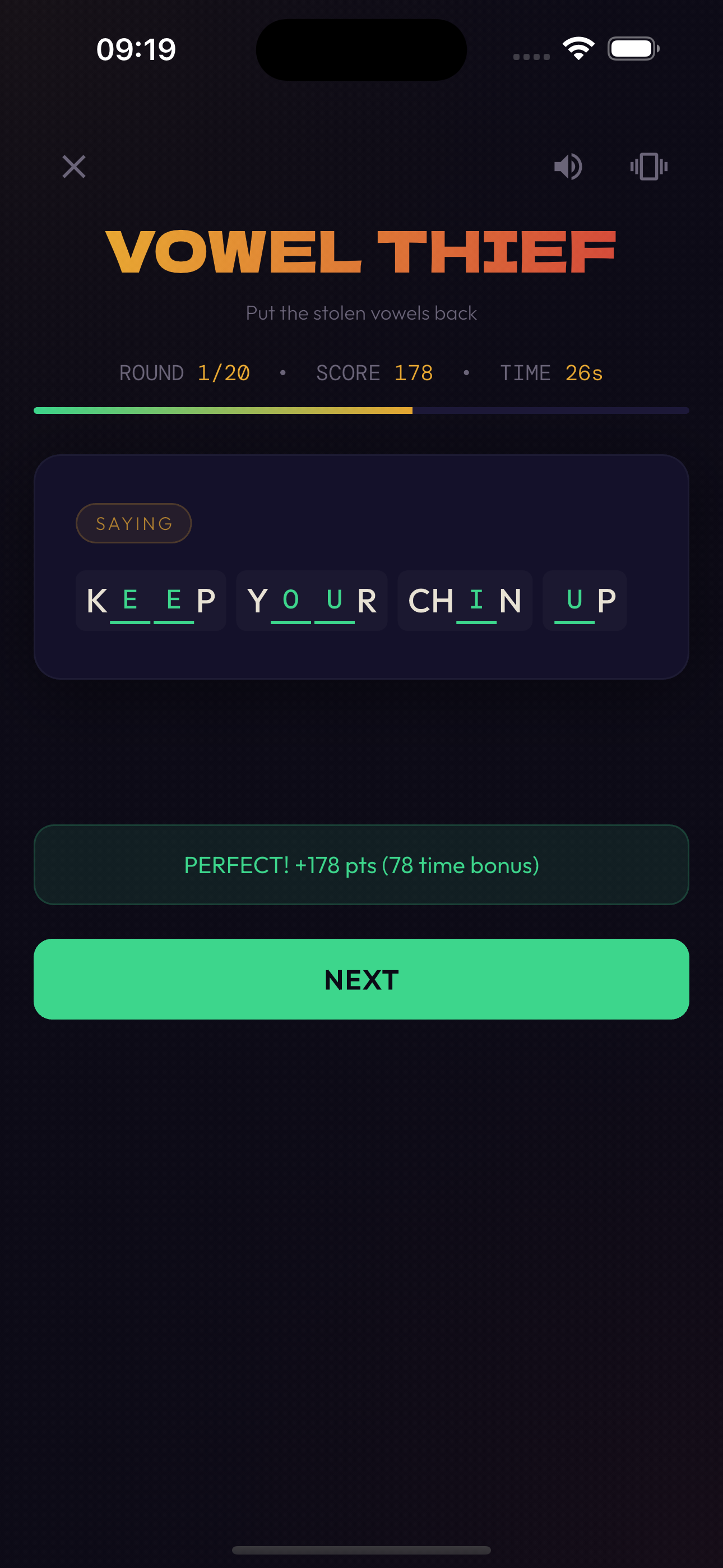 Vowel Thief gameplay — solving a puzzle