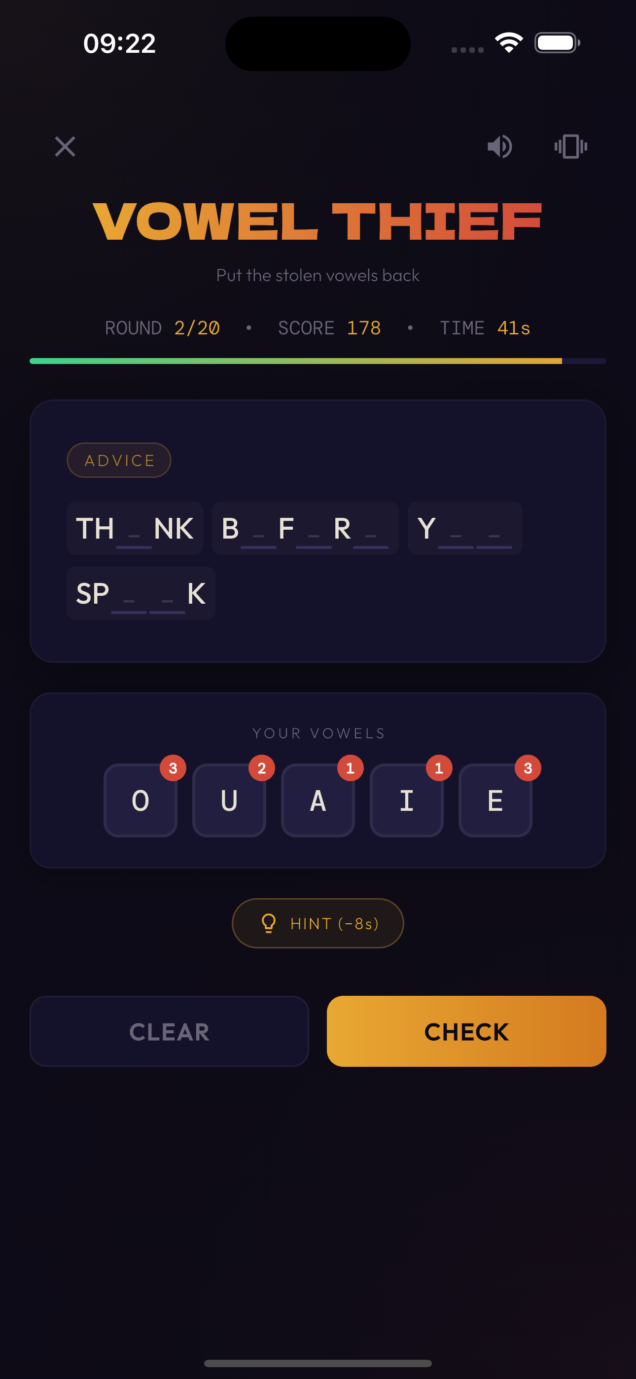 Vowel Thief gameplay — hard level