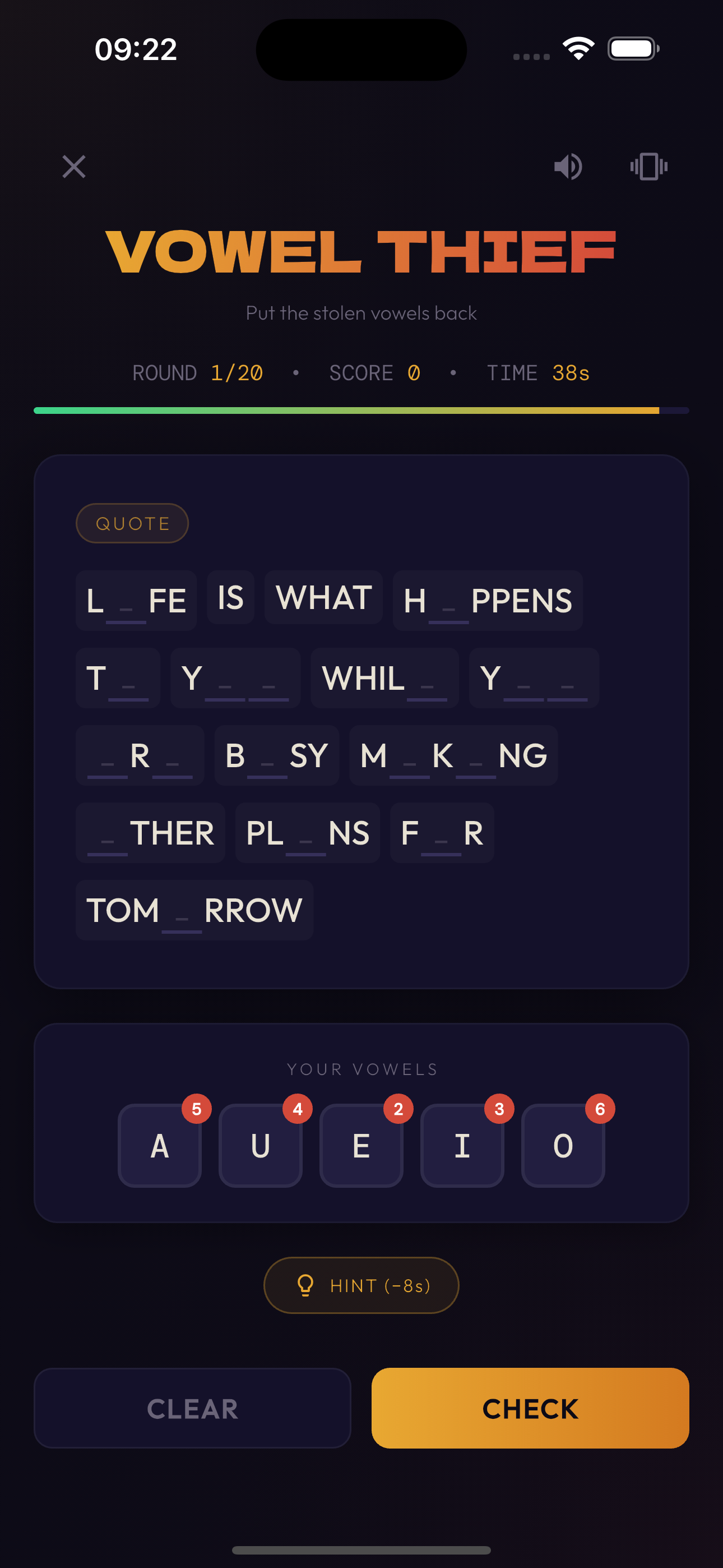 Vowel Thief game over screen